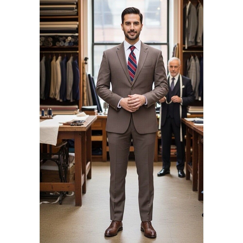 Prontomodo Europa Men 2pc Suit 100% Merino Wool 50R 44x27 Brown Micro Check